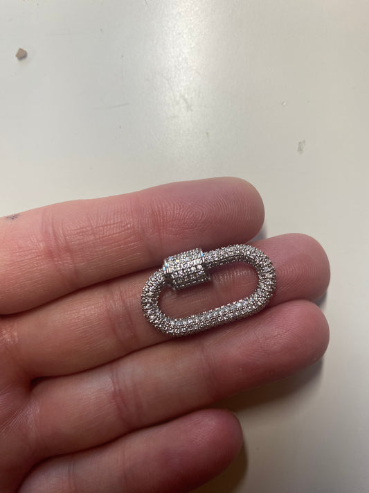 Rhinestone pave clasp. Carabiner, screw, silver  metal.