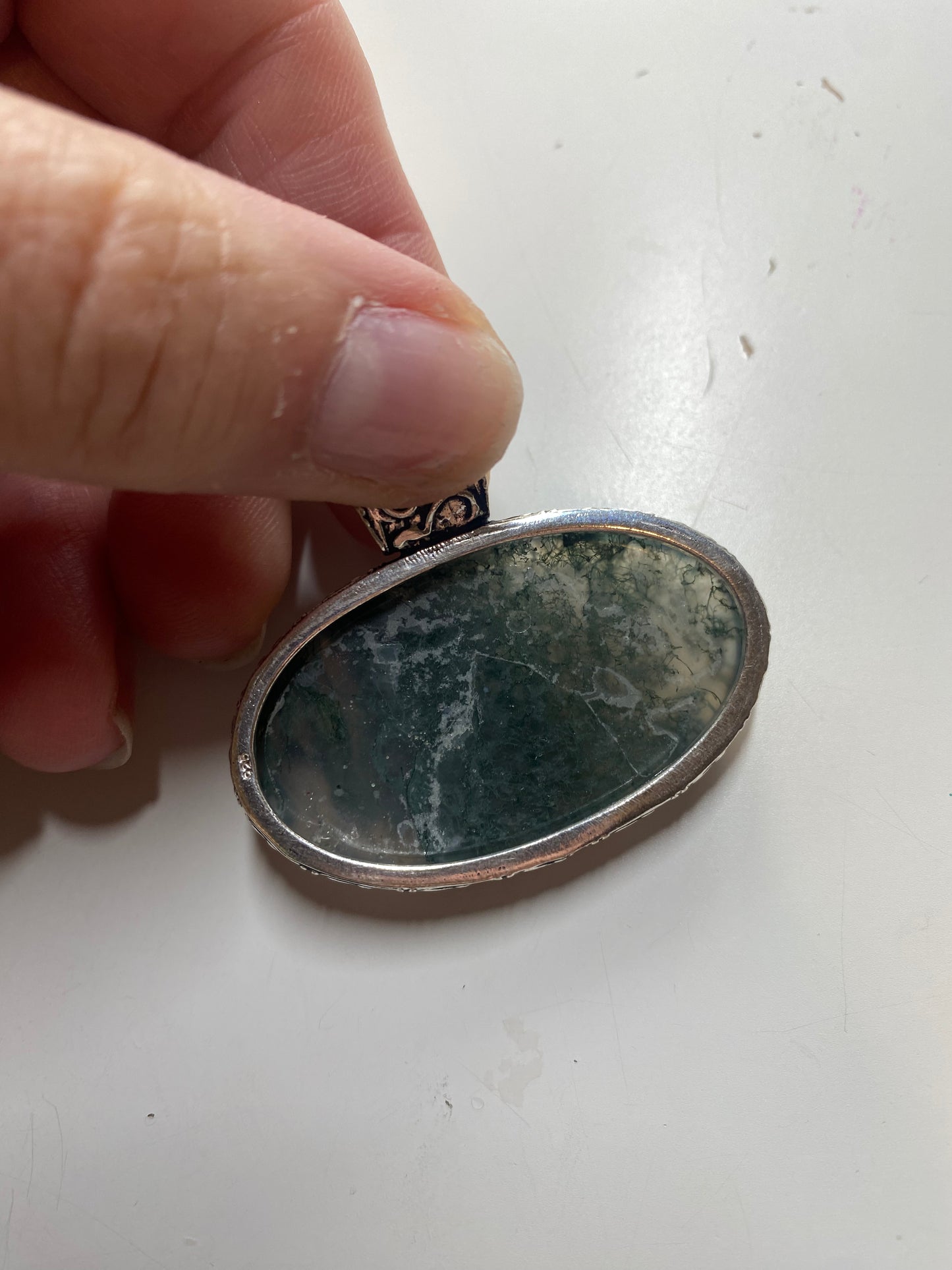 Moss agate stone, sterling silver plated,  pendant
