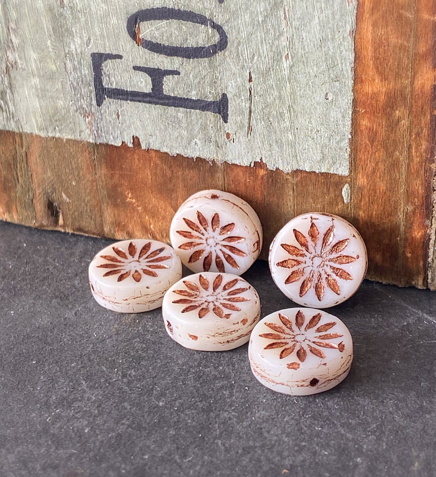 Czech Glass Aster Flower Coin Beads - Ivory Opaque with Dark Bronze Wash - 12mm - 6 or 15 Beads