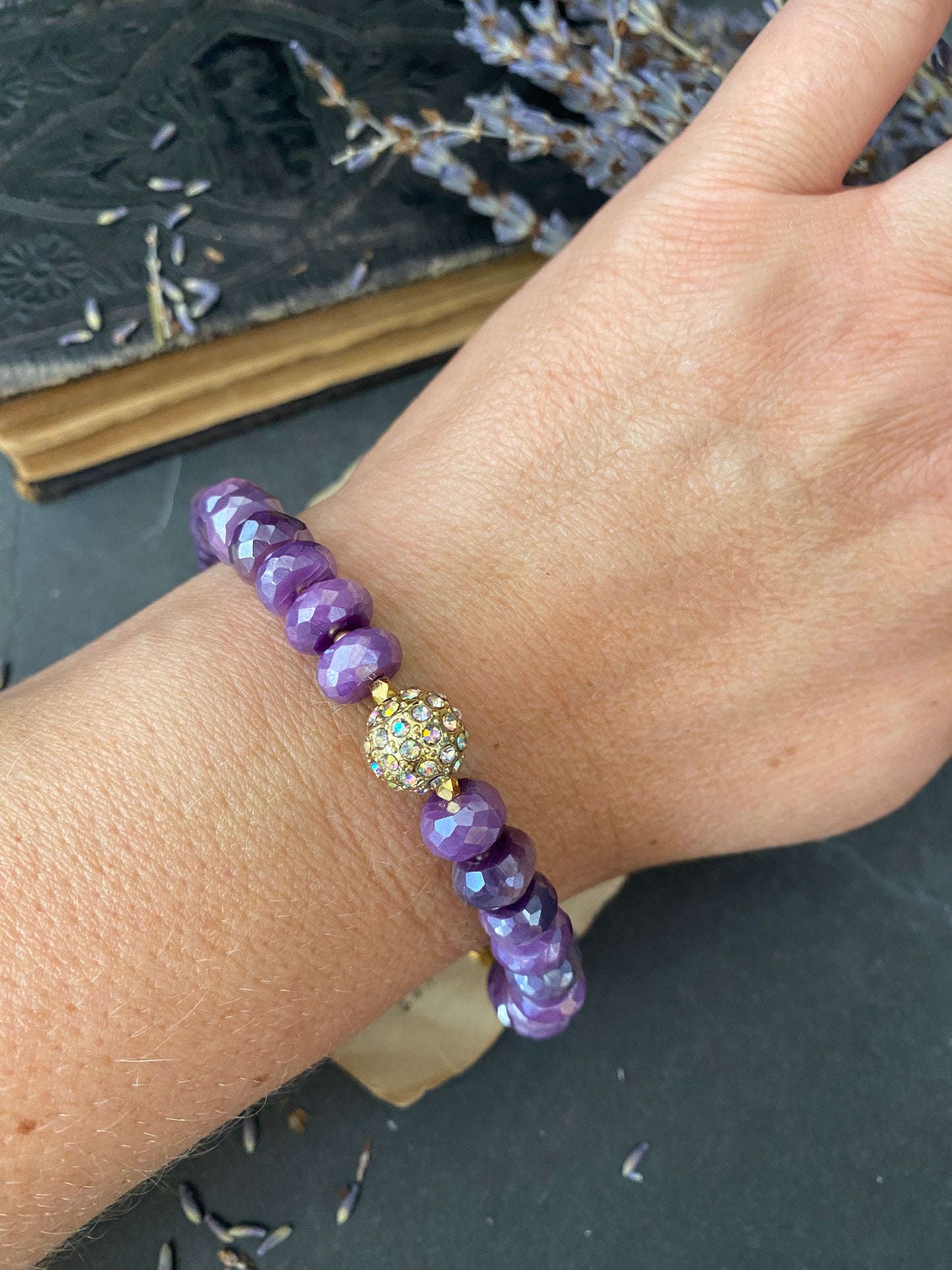 Purple mystic moonstone and  gold rhinestone clasp,  bracelet.