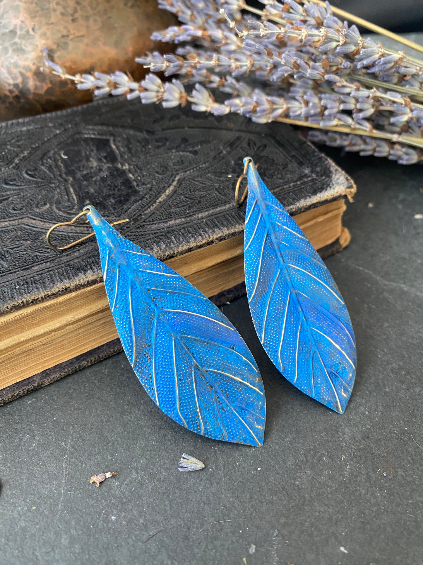 Blue and Bronze leaves, boho, long drop, bronze earrings