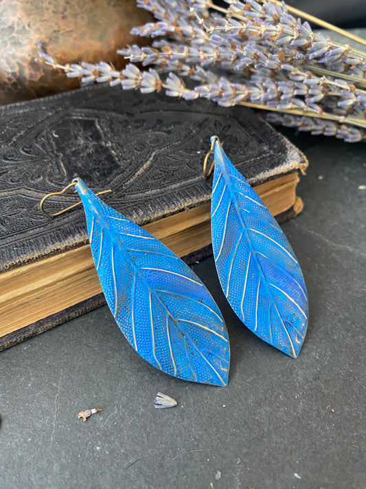 Blue and Bronze leaves, boho, long drop, bronze earrings