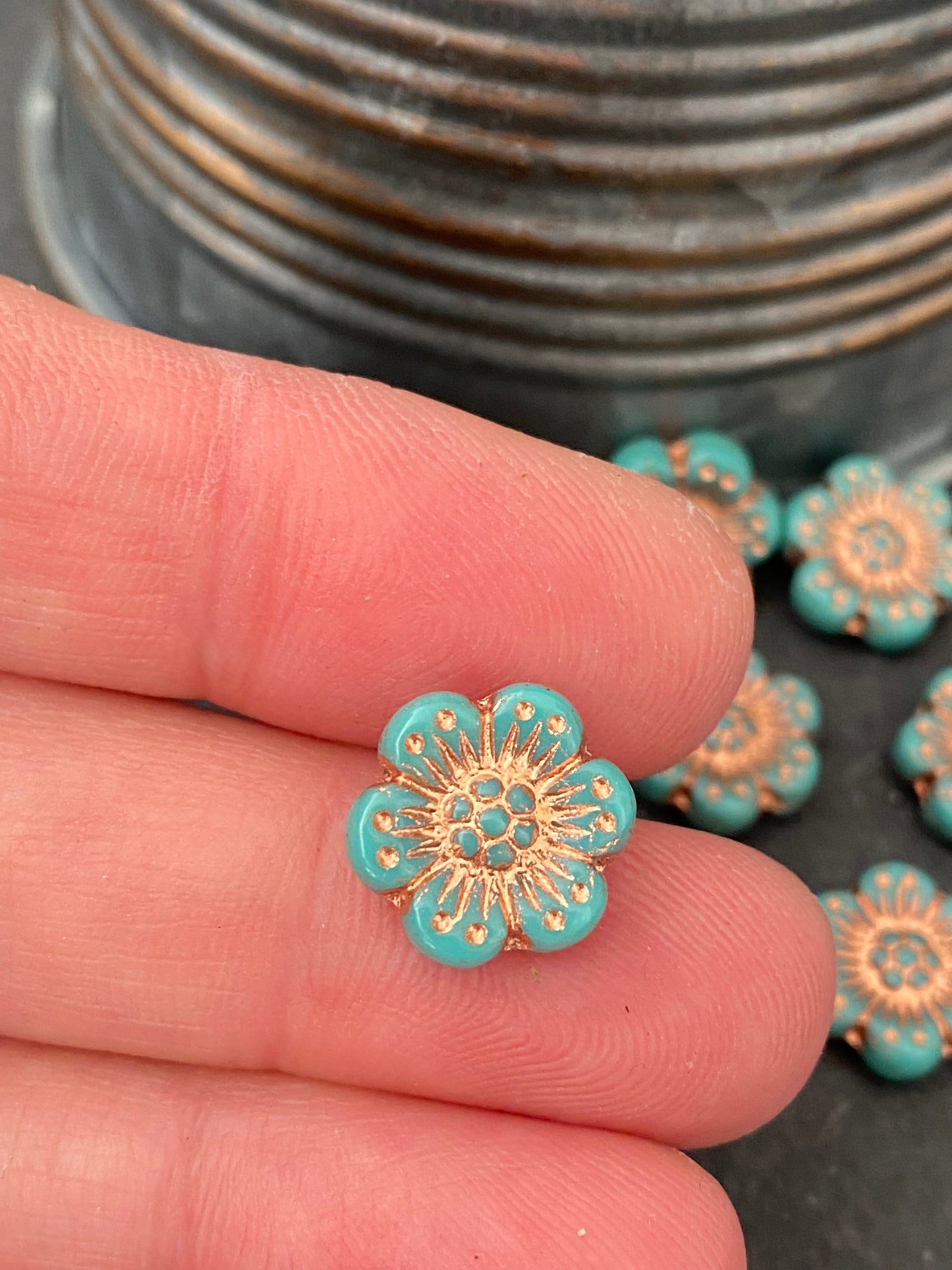 Premium Czech glass rose flowers, turquoise with copper wash, 14mm
