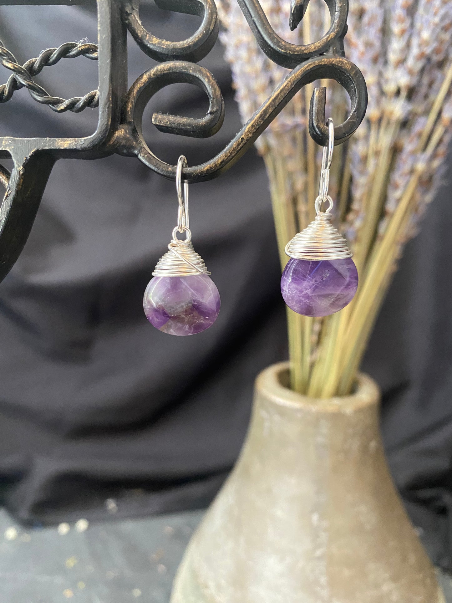 Amethyst pear shape stone drops, sterling silver metal earrings, jewelry.