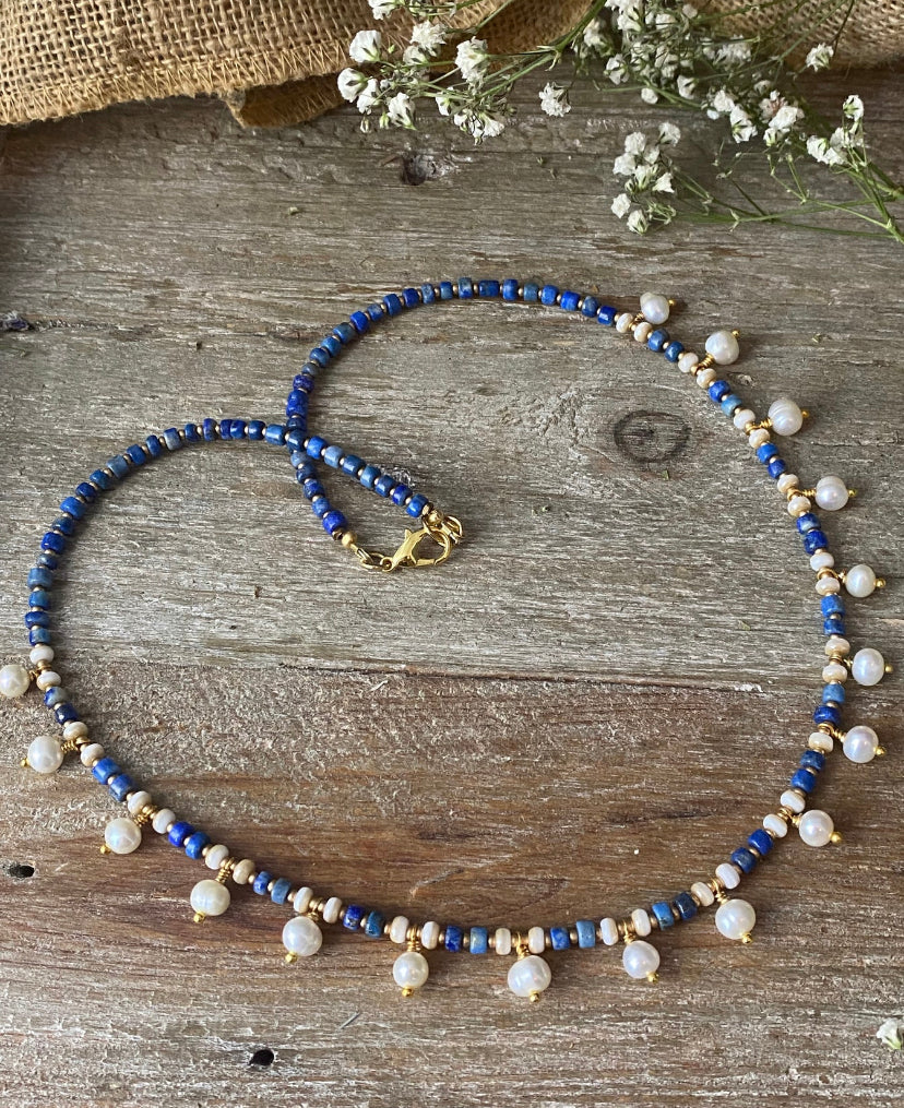 Lapis lazuli stone, freshwater pearls, necklace, kit