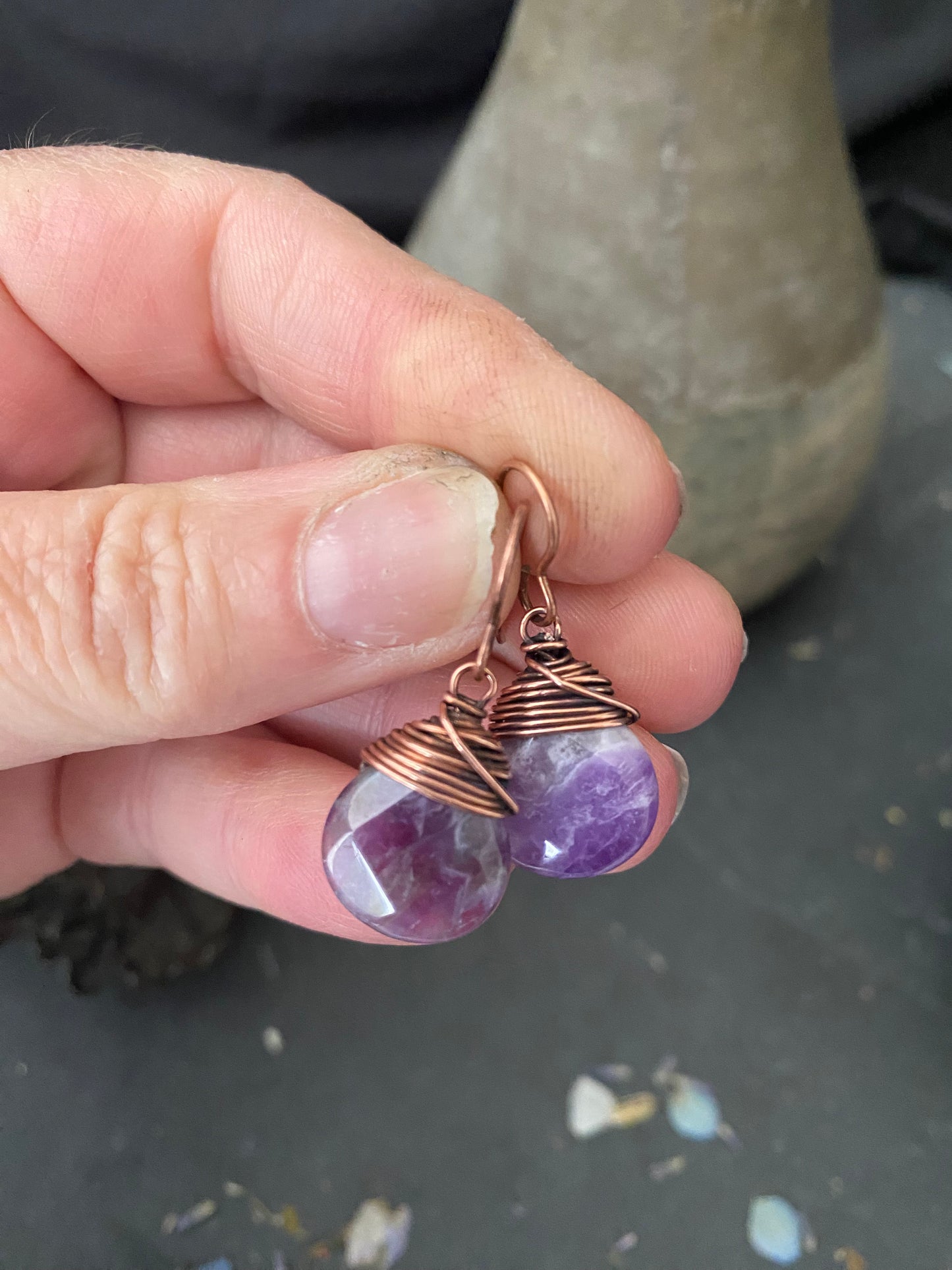 Amethyst gemstone drops, copper metal earrings, jewelry.