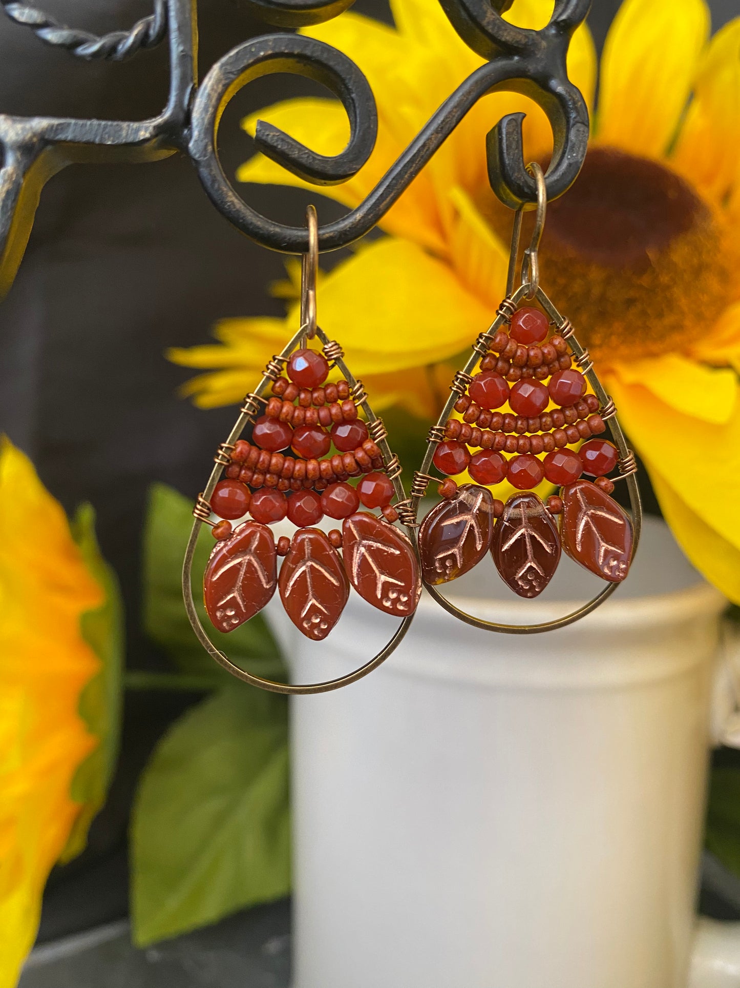 Orange. Carnelian agate stone, Czech glass leaves, seed beads, hoop, wire wrapped, earrings