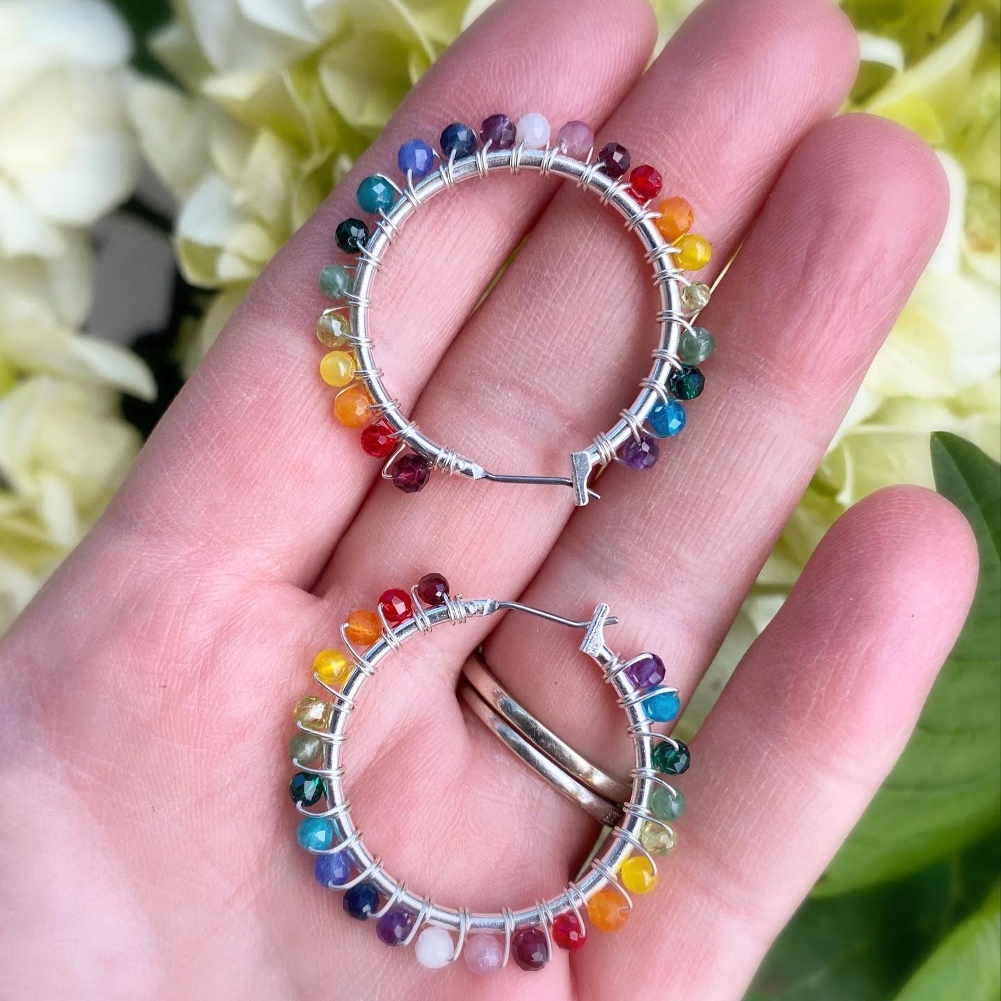 Rainbow gemstone, silver metal hoops, wire wrapped, earrings - Andria Bieber Designs 