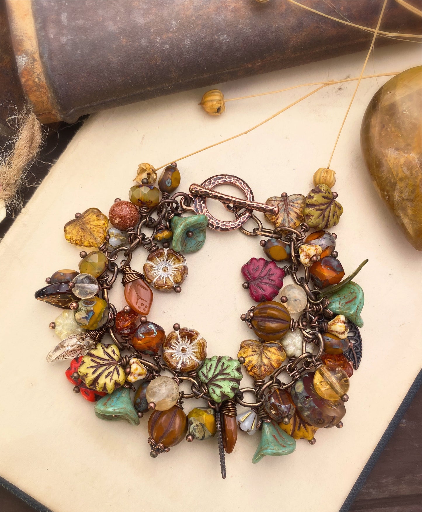 MTO- Fallen leaves. Mixed gemstone, Czech glass, bronze metal bracelet. - Andria Bieber Designs 