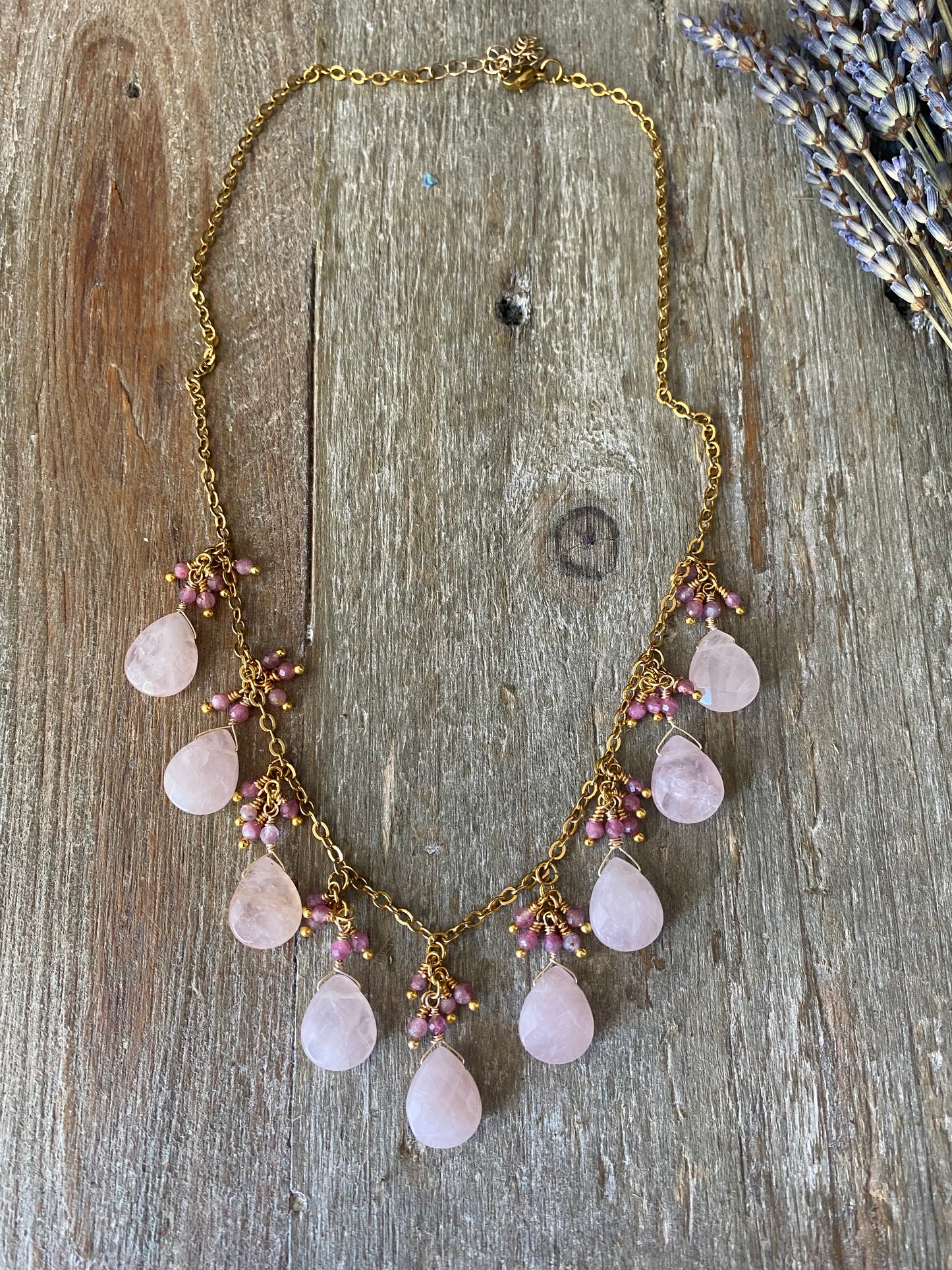 Rose quartz teardrop stone, pink tourmaline stone,gold necklace, jewelry
