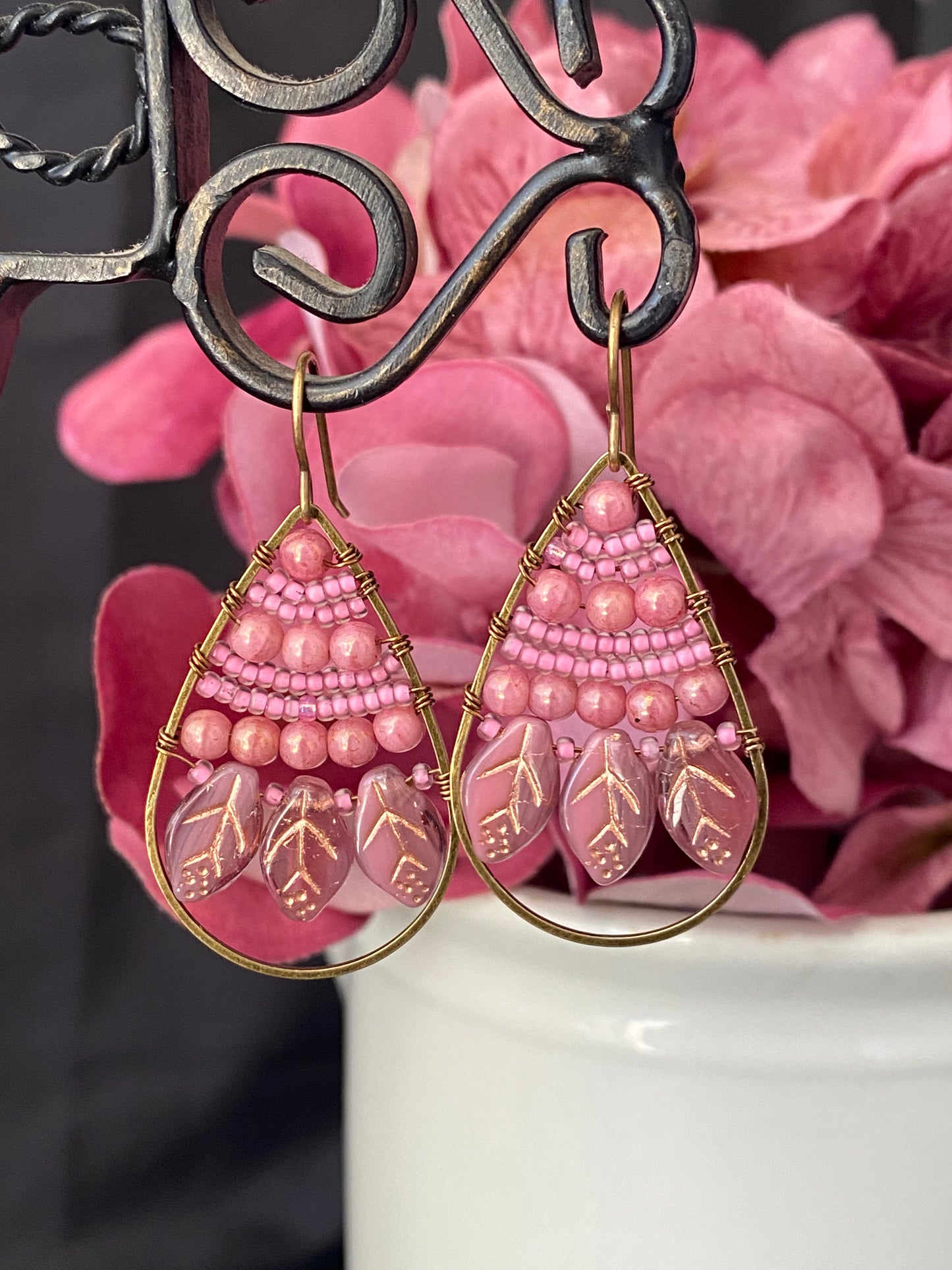 Pink Czech glass leaves, seed beads, hoop, wire wrapped, earrings