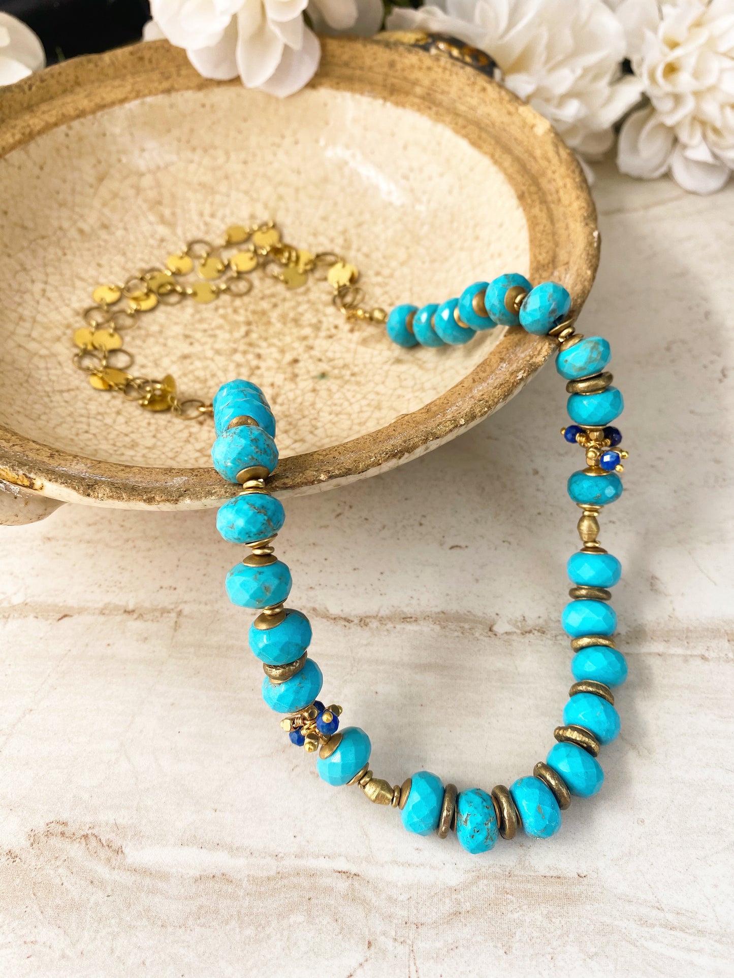 Blue howlite turquoise stone, African Brass, necklace, jewelry