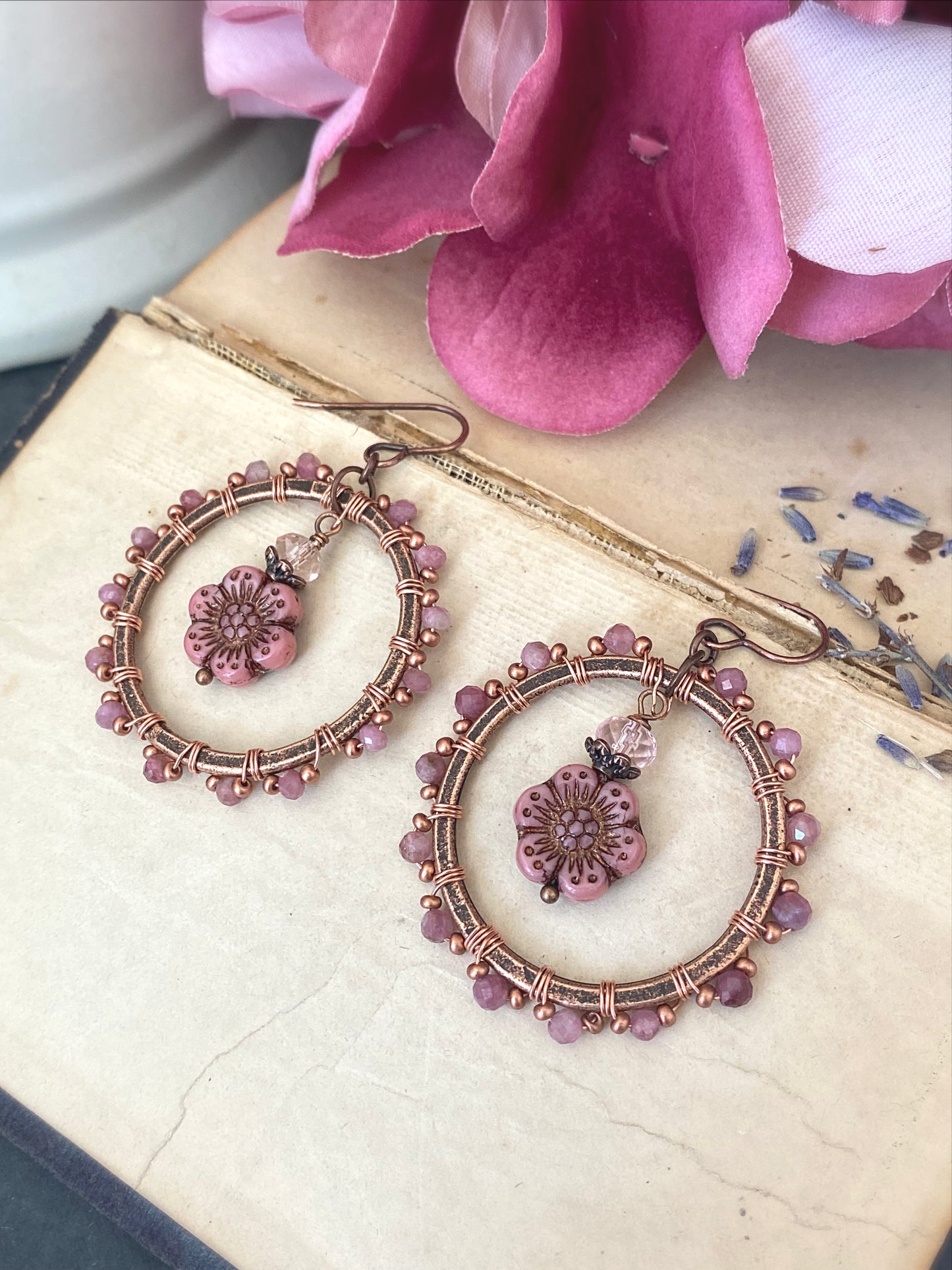 Pink tourmaline stone, pink Czech glass flowers, copper metal hoops, wire wrapped, earrings