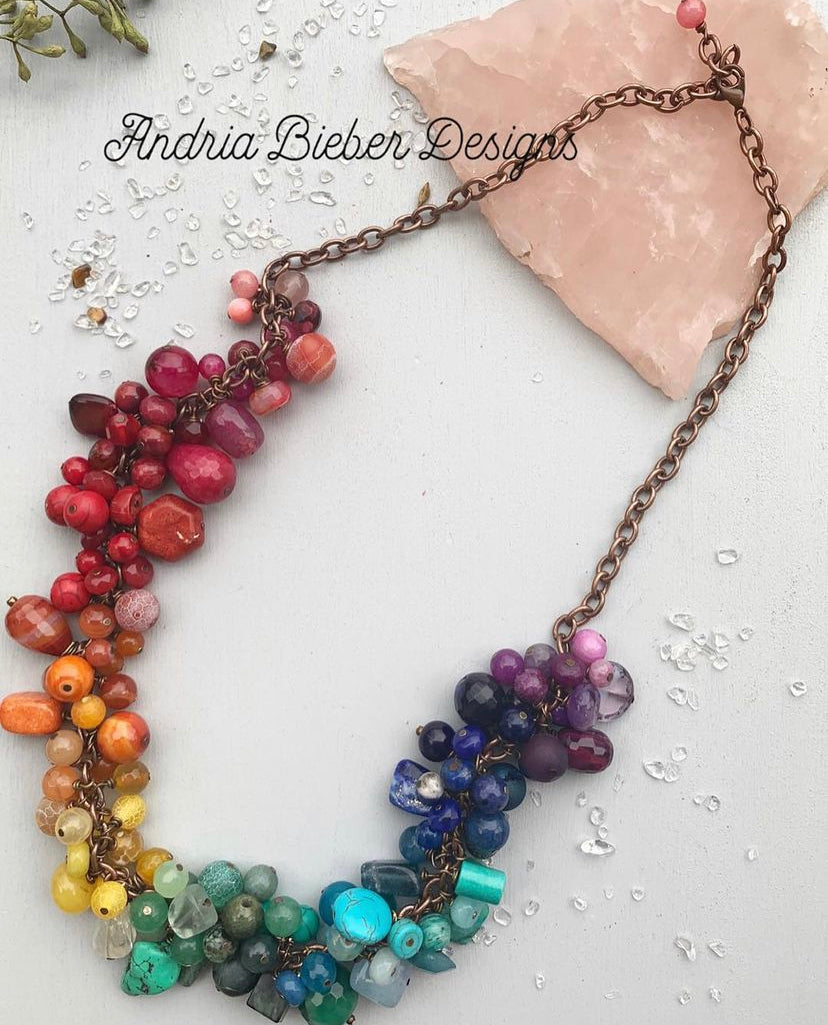 Rainbow gemstones, copper metal, necklace, jewelry