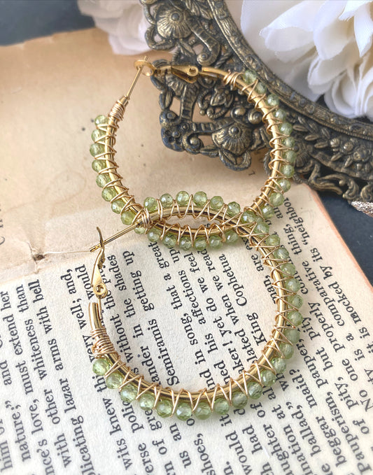 Peridot stone, wire wrapped gold hoop earrings, jewelry