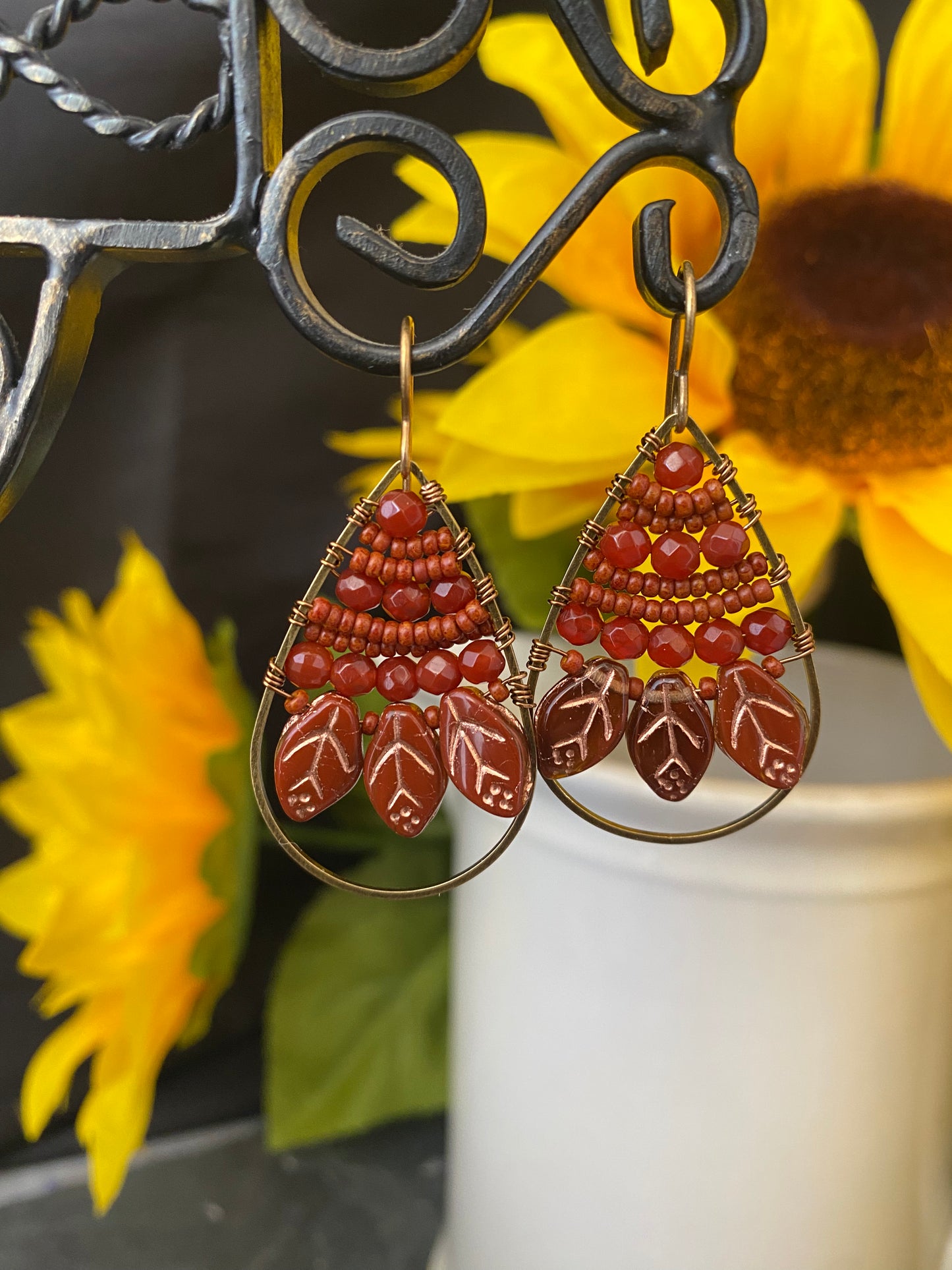Orange. Carnelian agate stone, Czech glass leaves, seed beads, hoop, wire wrapped, earrings