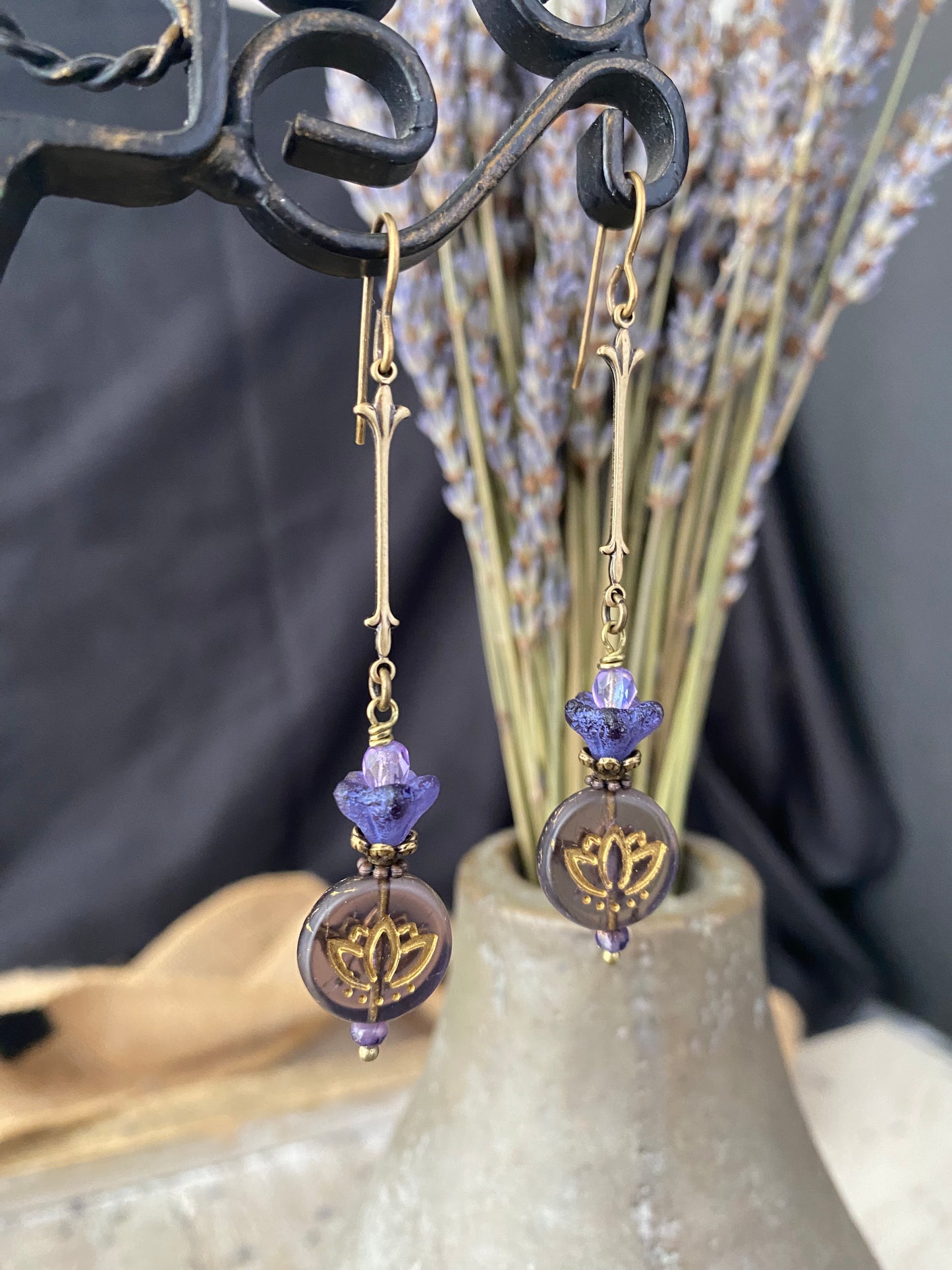 Purple lotus flower Czech glass, purple Czech glass, bronze metal, earrings