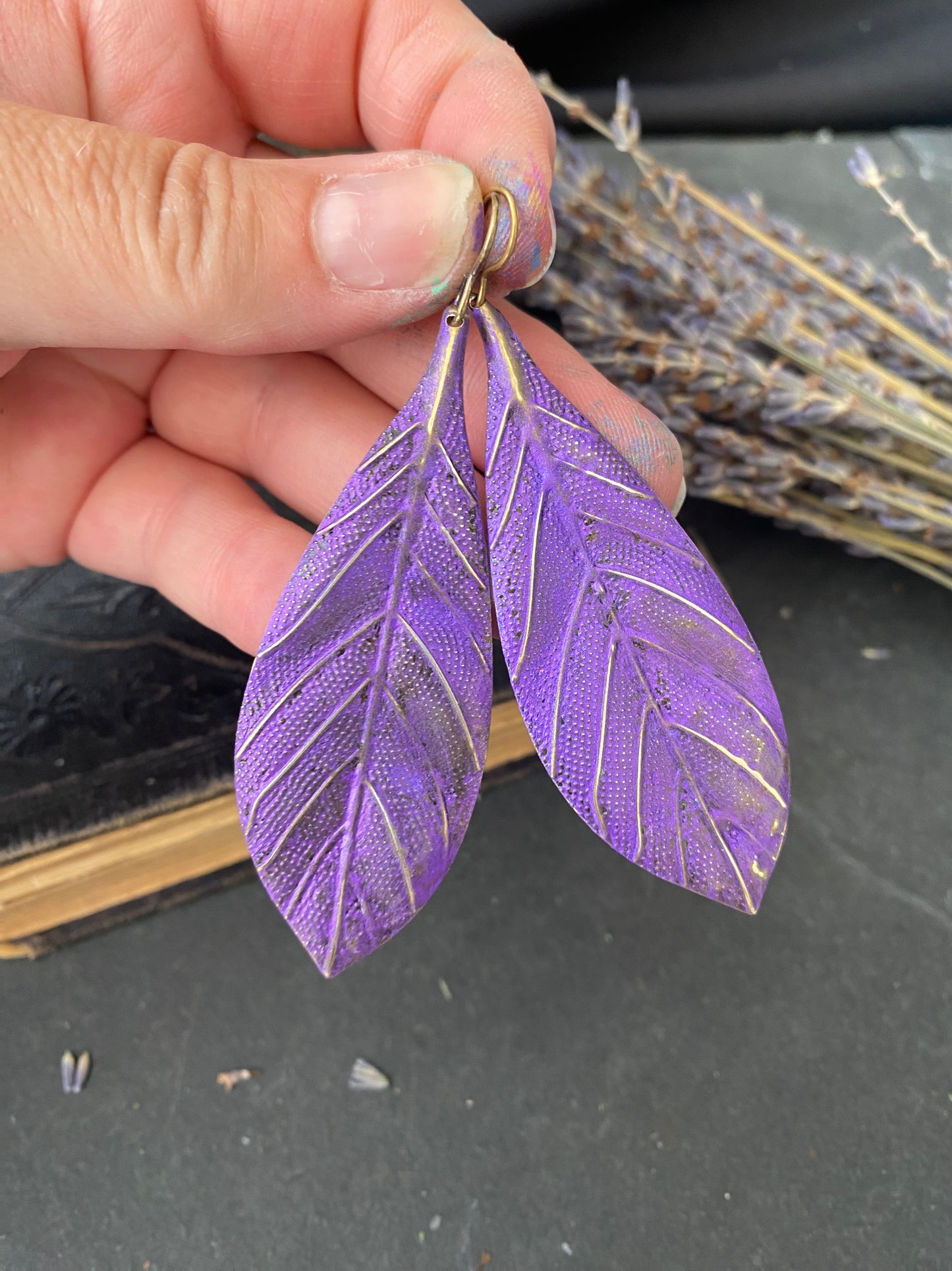Purple and Bronze leaves, boho, long drop, bronze earrings