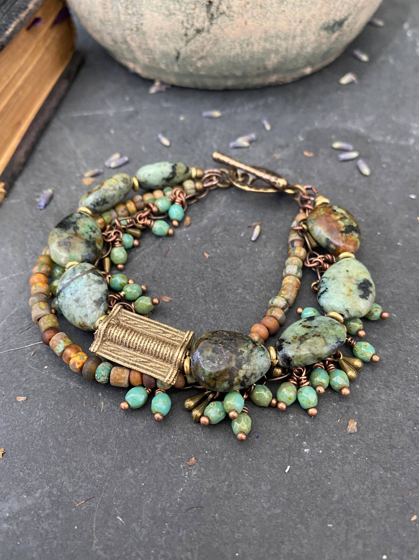 African turquoise stone, African brass, chain, Czech glass, multi strand, bracelet.