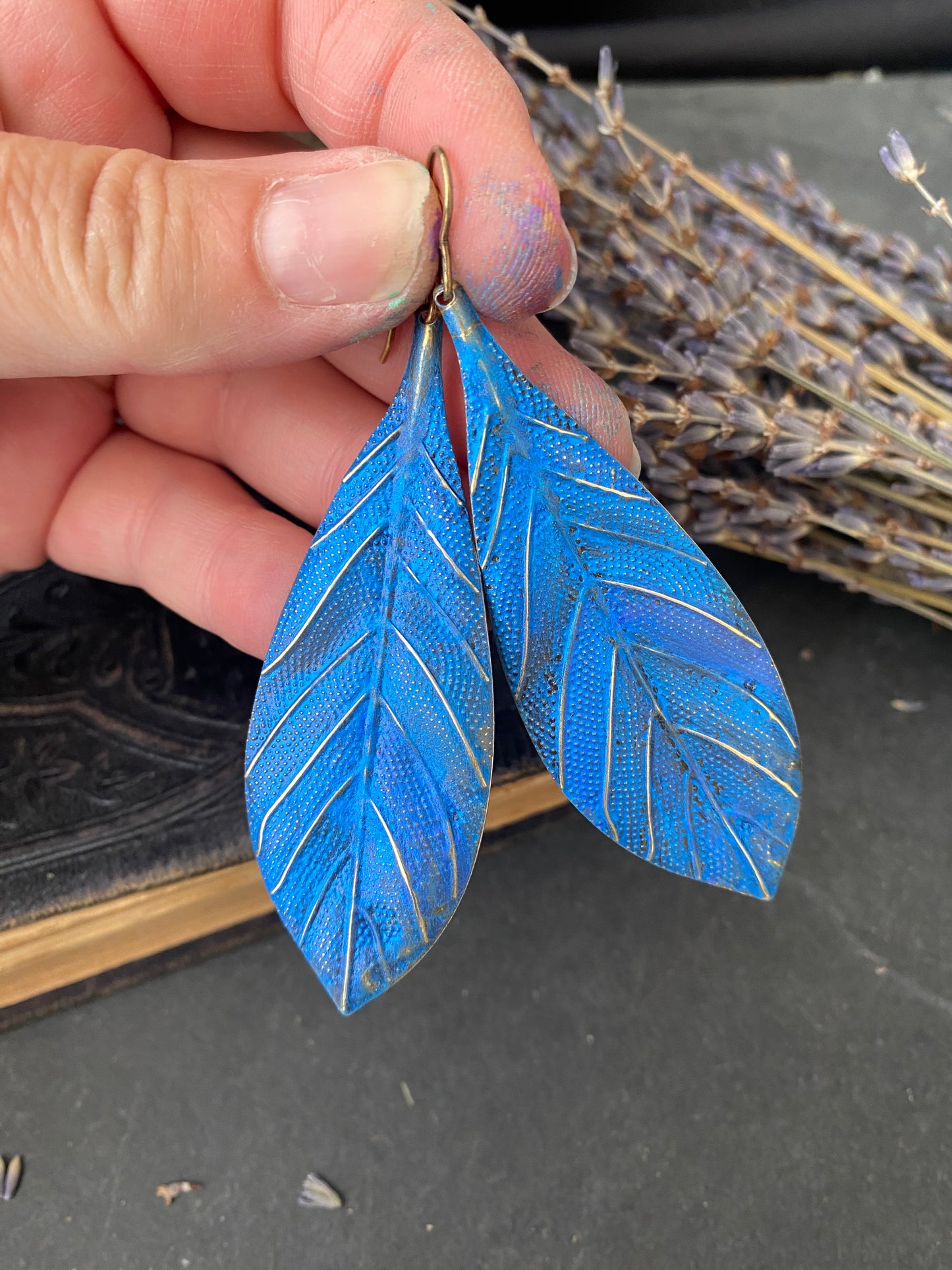 Blue and Bronze leaves, boho, long drop, bronze earrings