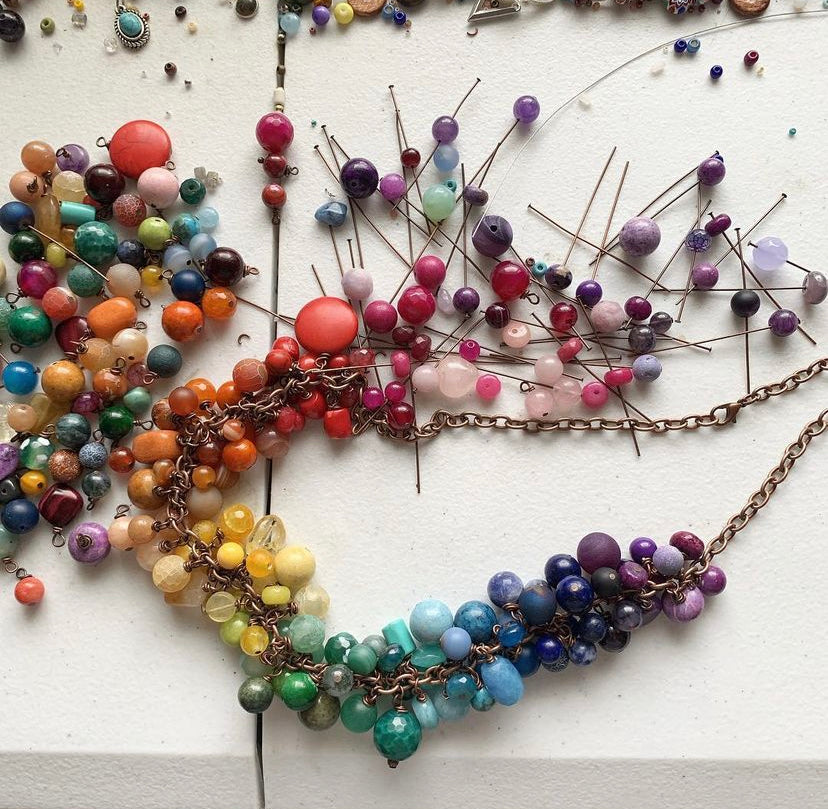 Rainbow gemstones, copper metal, necklace, jewelry