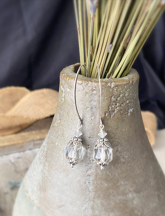 Shiny Czech glass, detailed floral bead caps, crystals, silver metal, drop earrings