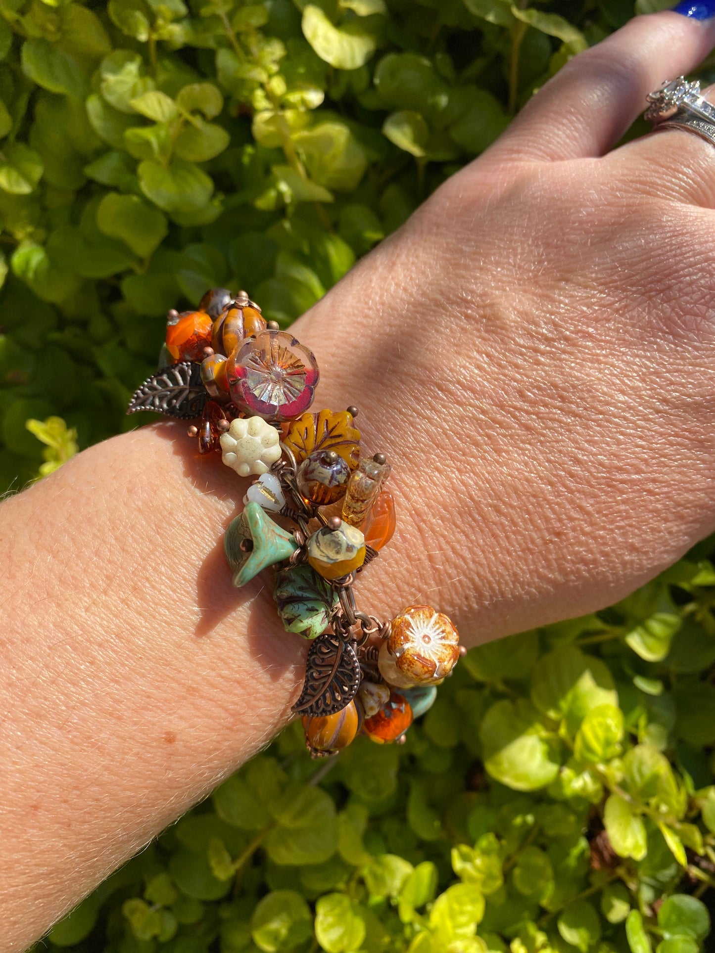 MTO- Fallen leaves. Mixed gemstone, Czech glass, bronze metal bracelet. - Andria Bieber Designs 