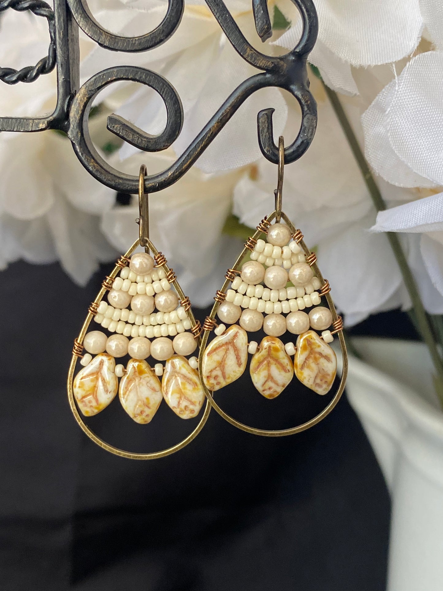 Cream Czech glass leaves, seed beads, hoop, wire wrapped, earrings