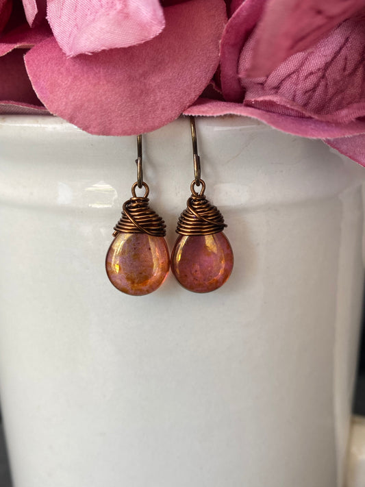 Teardrop glass in pink and gold hues and bronze wire wrapped earrings.