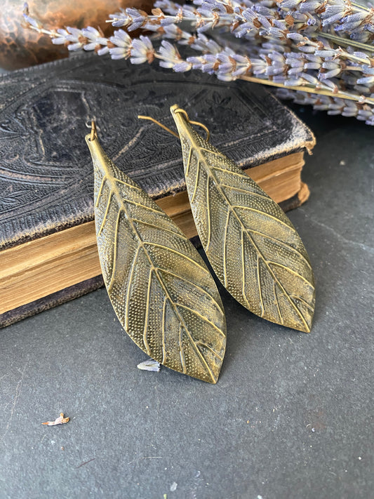 Bronze leaves, boho, long drop, bronze earrings