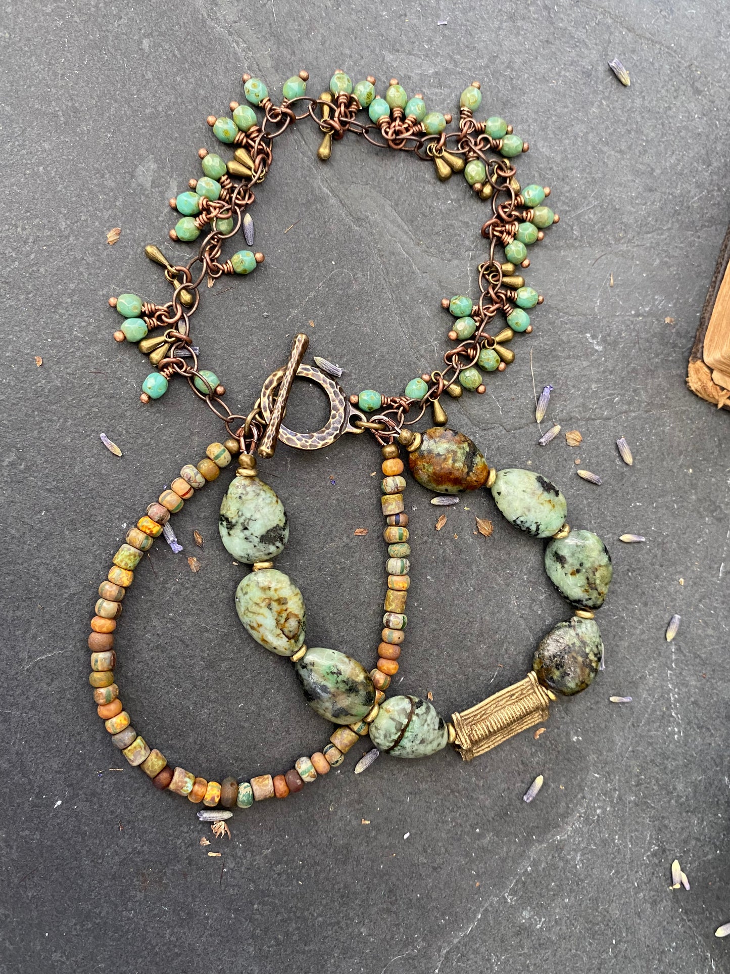 African turquoise stone, African brass, chain, Czech glass, multi strand, bracelet.