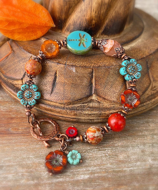 Flower Czech glass in turquoise, orange jasper, agate, bracelet, KIT