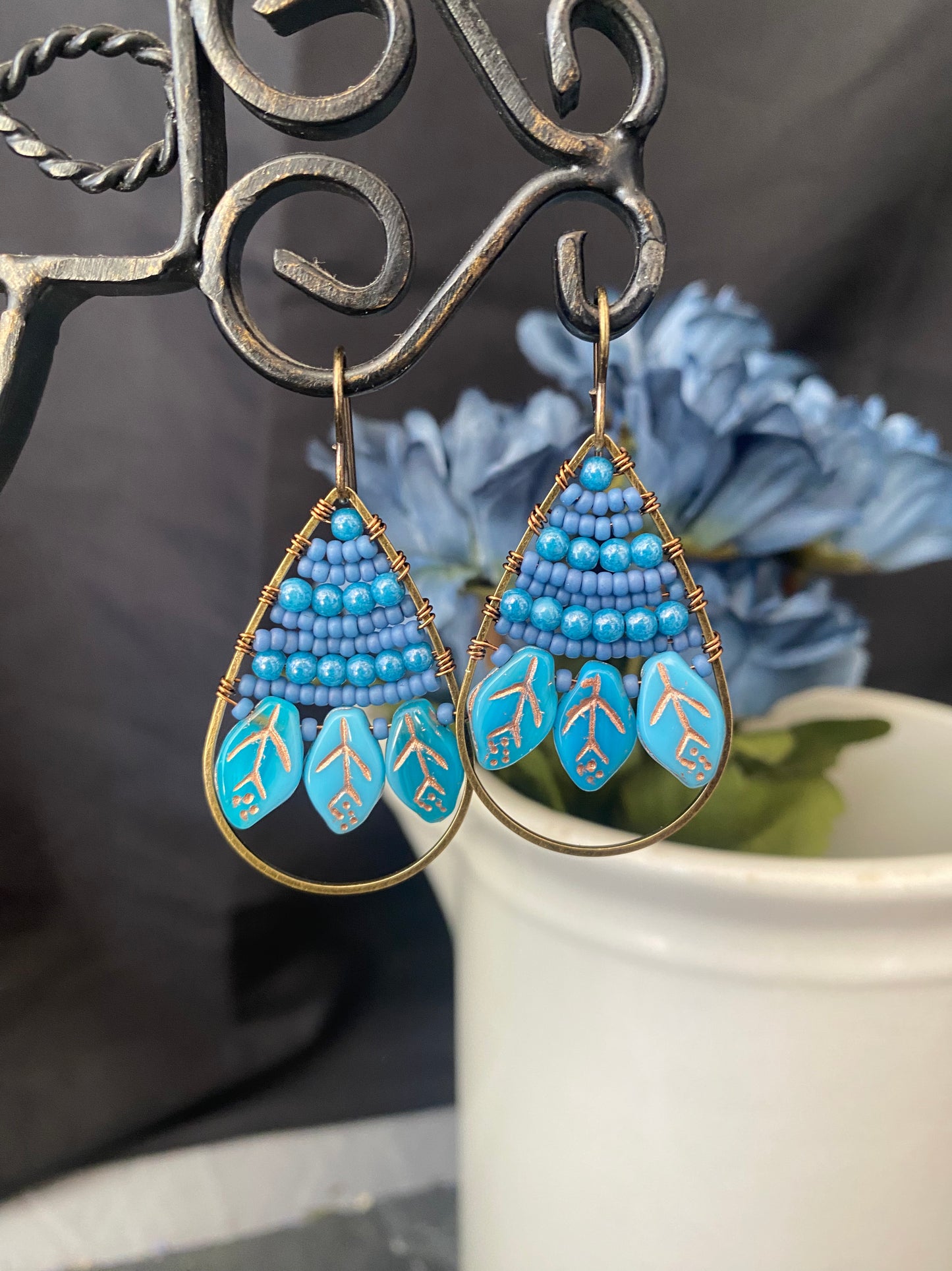 Blue Czech glass leaves, seed beads, hoop, wire wrapped, earrings