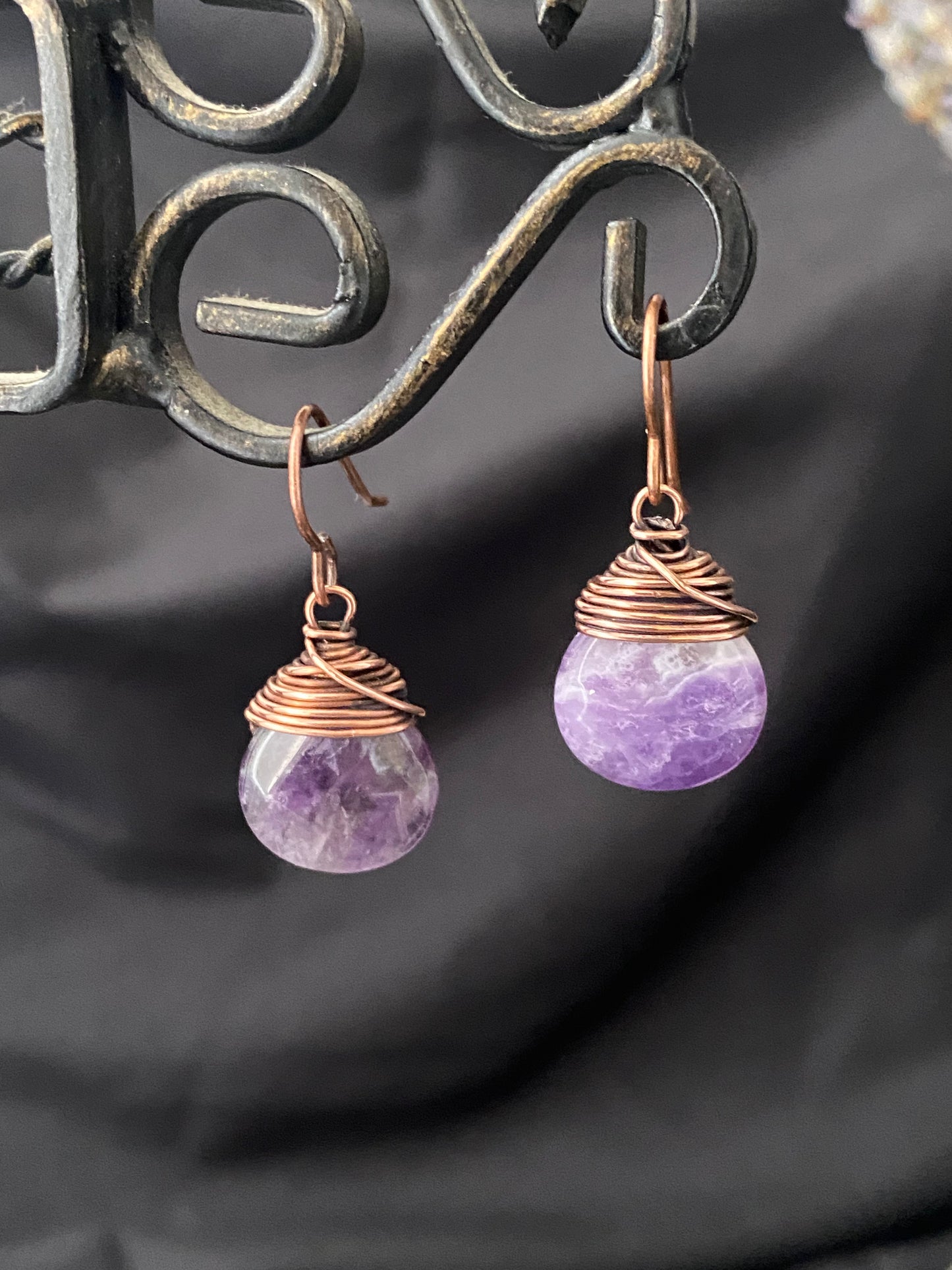 Amethyst gemstone drops, copper metal earrings, jewelry.