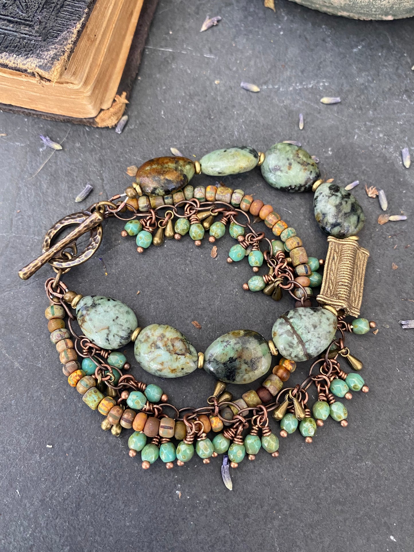 African turquoise stone, African brass, chain, Czech glass, multi strand, bracelet.