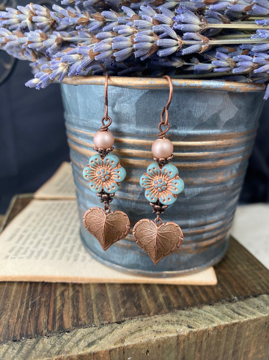 Flower blue Czech glass,  copper leaves, earrings, and copper metal earrings.