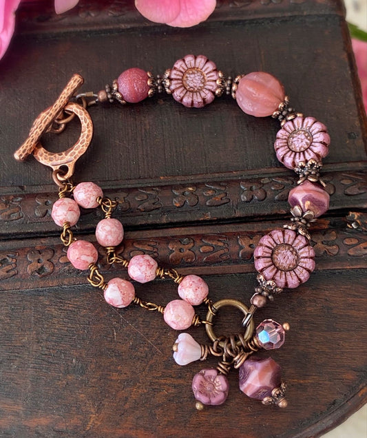 Pink flower Czech glass, copper metal, bracelet, KIT