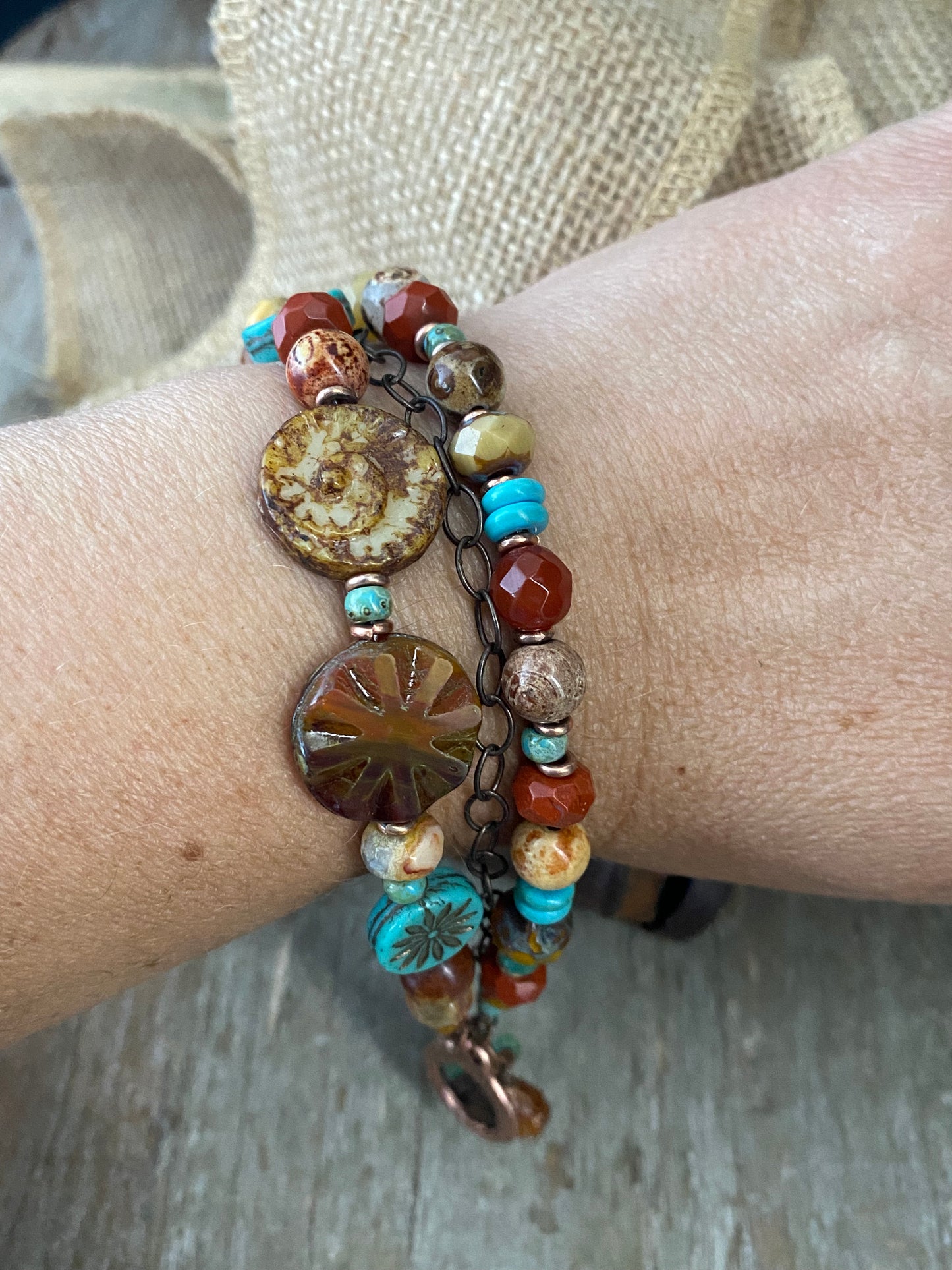 Agate stone, turquoise, czech glass, multi strand, copper metal, bracelet.