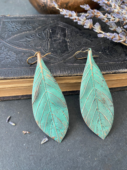 Green and Bronze leaves, boho, long drop, bronze earrings