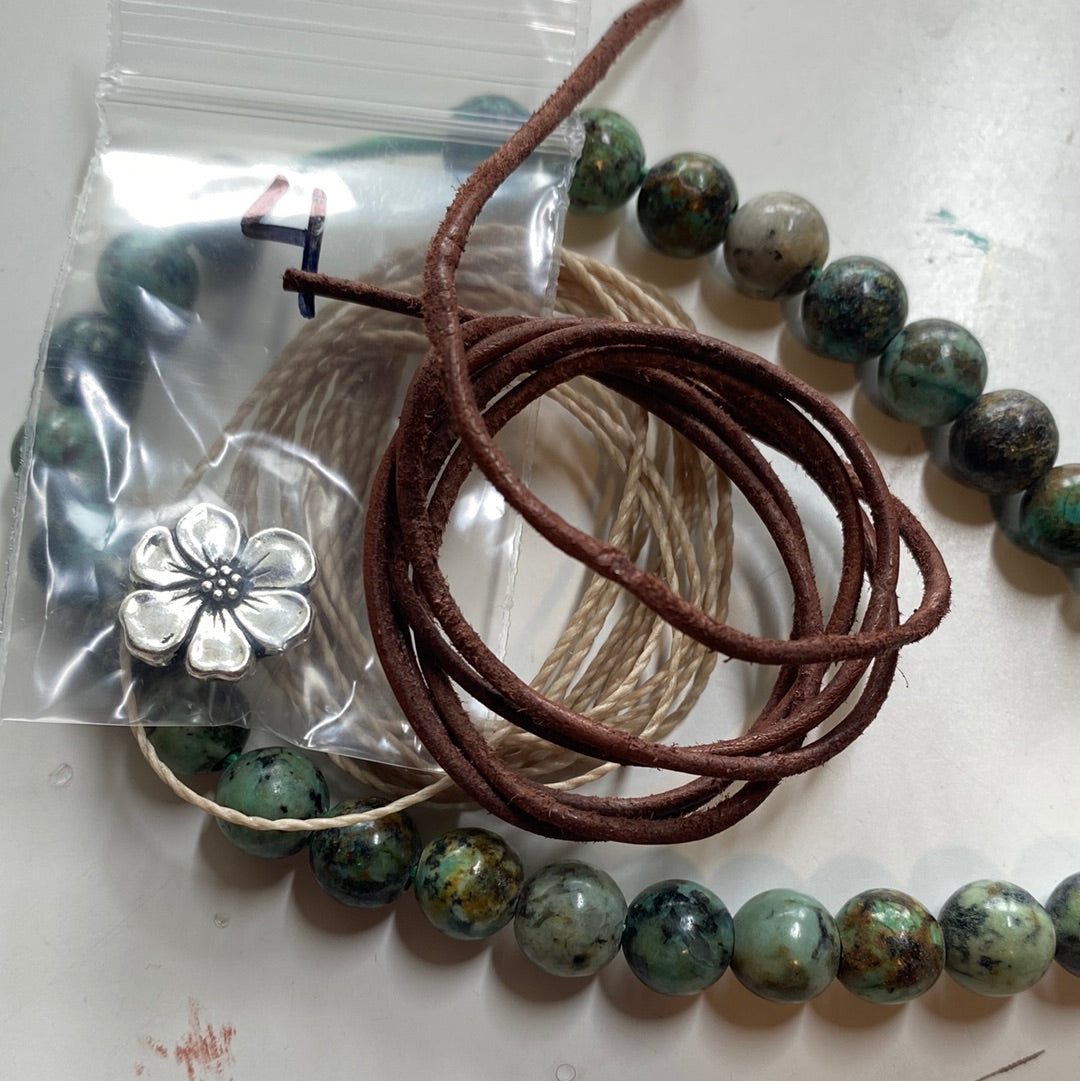 Amazonite, large hole stone beads, leather cording, silk cording, SHORT style ladder bracelet, KIT.