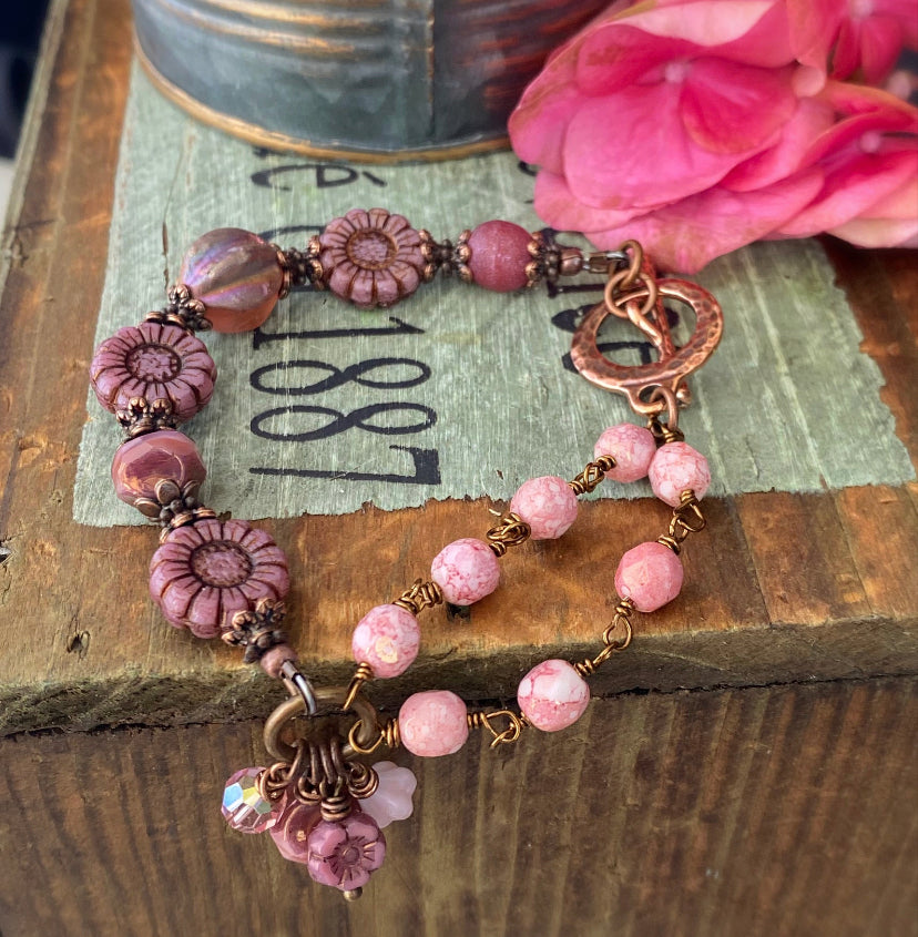 Pink flower Czech glass, copper metal, bracelet, KIT