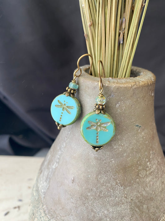 Dragonfly teal Czech glass, bronze metal, earrings.