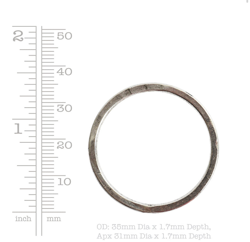 Round Hoop, Large Circle, 35mm, Antique Silver, hammered metal