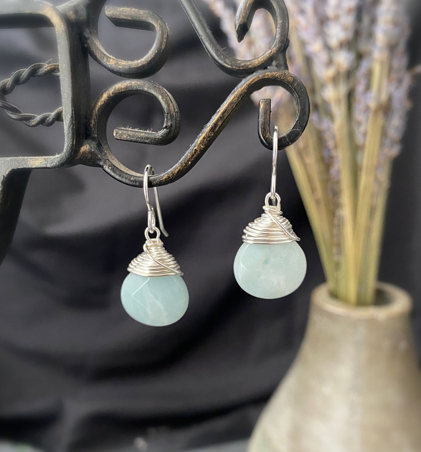 Amazonite  pear shape stone drops, sterling silver metal earrings, jewelry.
