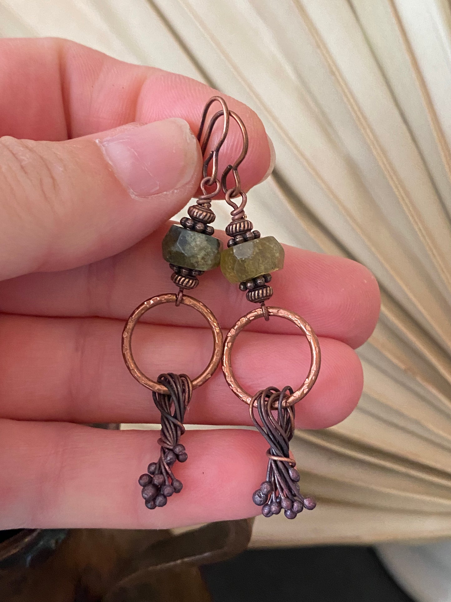 Green garnet gemstone, hammered hoops, copper metal earrings