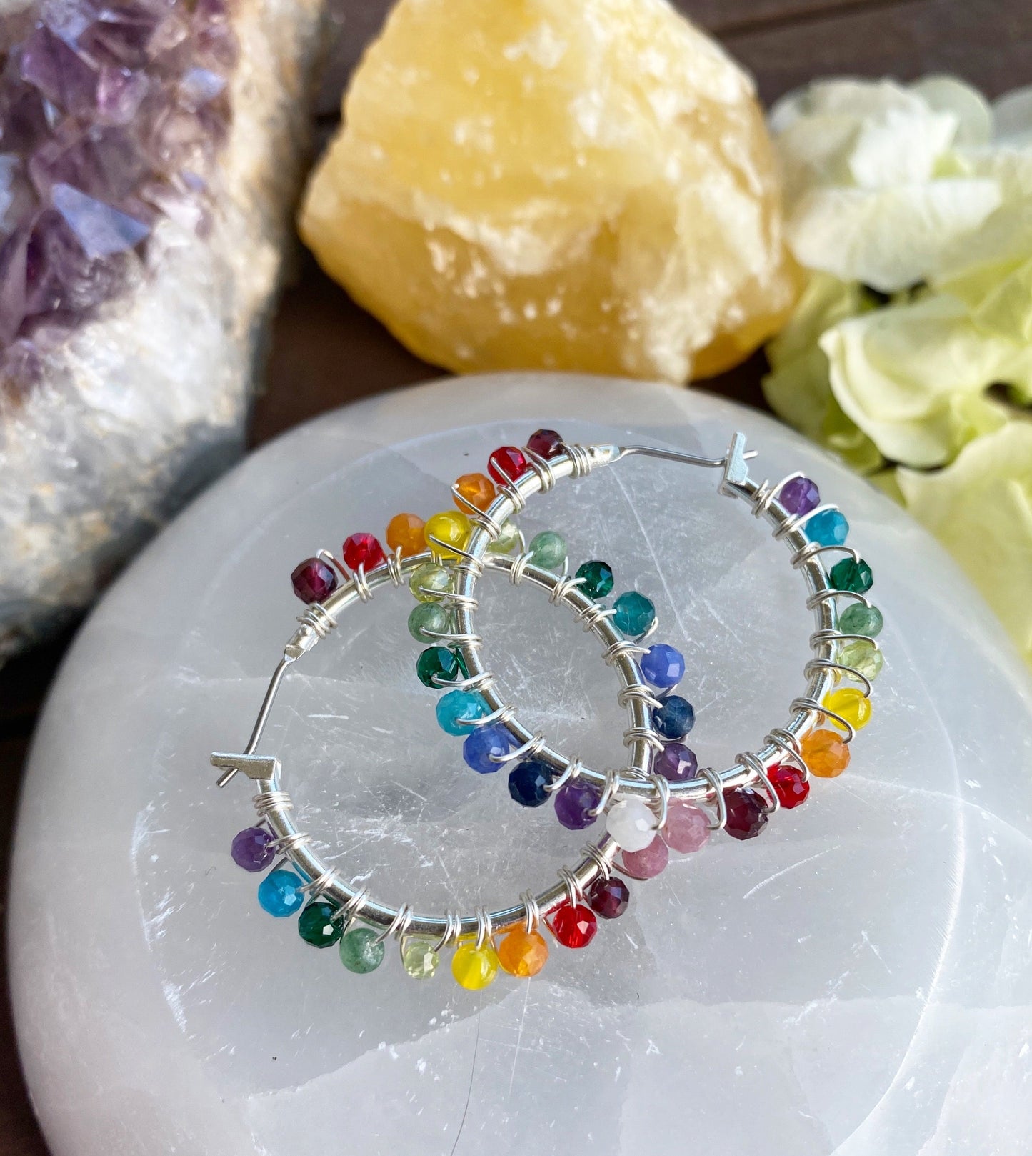 Rainbow gemstone, silver metal hoops, wire wrapped, earrings - Andria Bieber Designs 