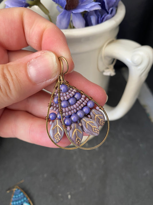 Purple Czech glass leaves, seed beads, hoop, wire wrapped, earrings