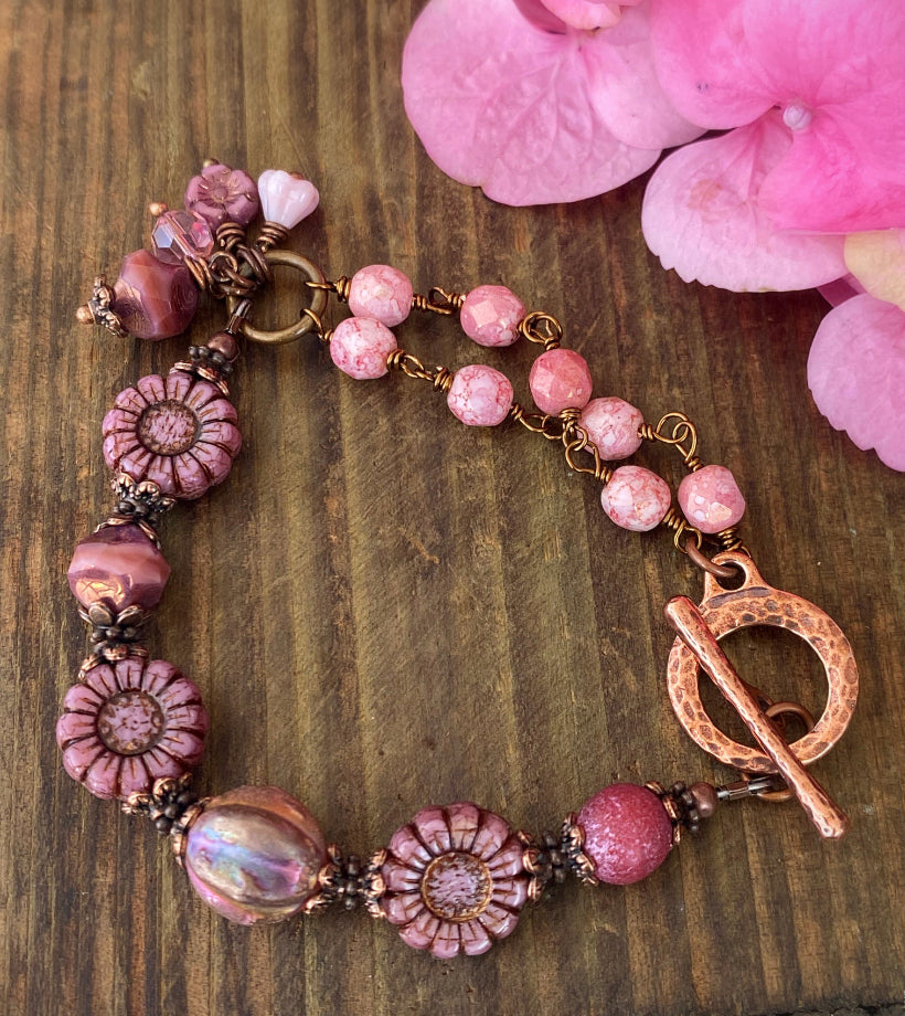 Pink flower Czech glass, copper metal, bracelet, KIT