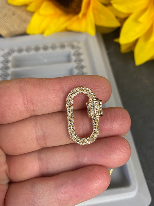 Rhinestone pave clasp. Carabiner, screw style, gold metal.