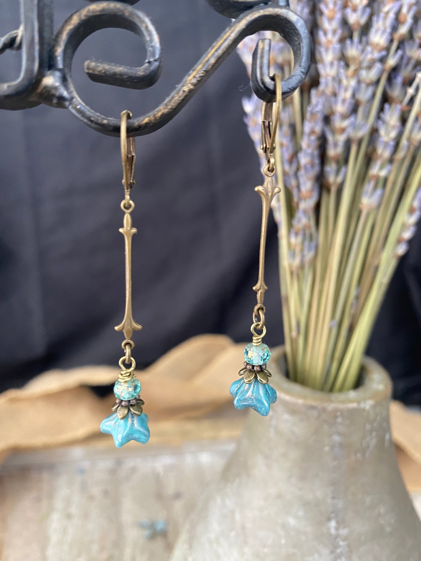 Blue flower Czech glass, teal Czech glass, bronze metal, earrings